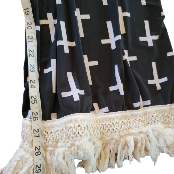 L&B Pant Flare Wide Fringe Botton Leg Cross Print Pull On Elastic Waist Sz Small - Picture 4 of 4